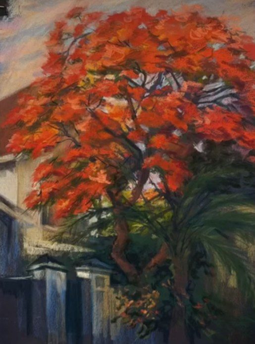 Painting of a Gulmohr tree in fiery red bloom above a house and a palm