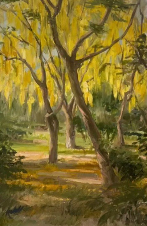 Oil painting of a shaded park path under Amaltas trees, sunlight falling across the ground