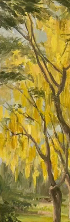Tall oil painting of Amaltas branches hanging with yellow blossom